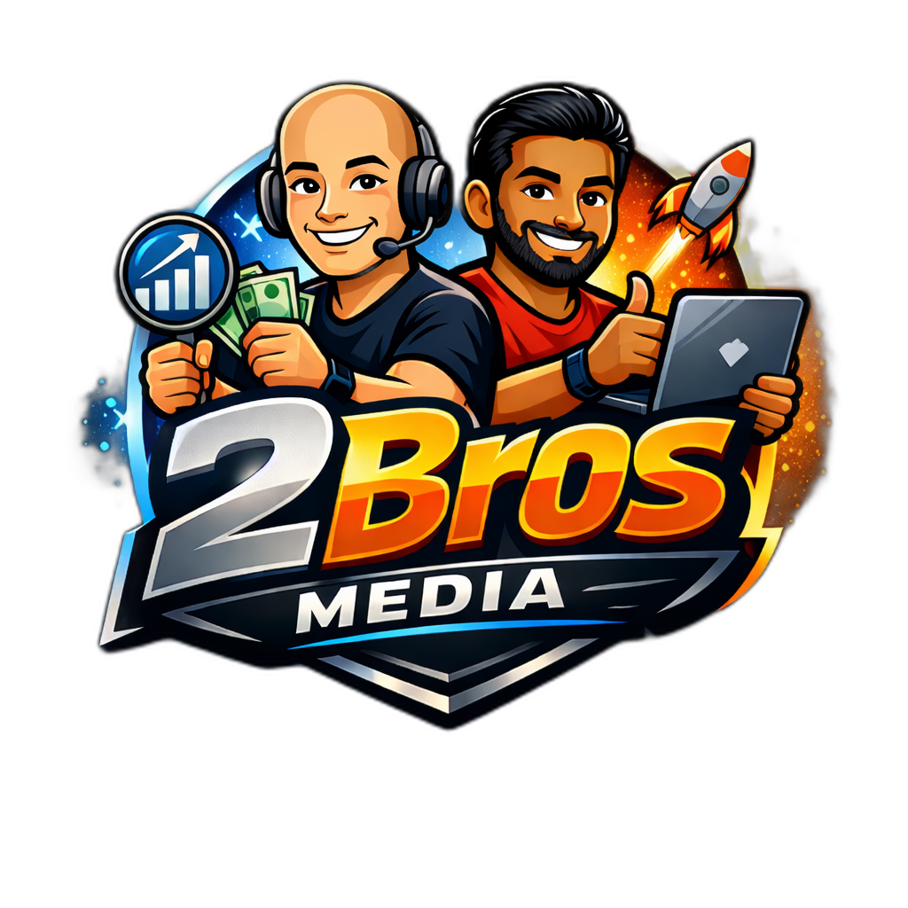 2Bros Media — two founders with marketing icons and rocket